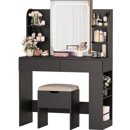 Furmax Makeup Vanity Desk and Bench Set with LED Lighted Mirror Vanity Table with Drawers, Shelves & Side Storage for Bedroom