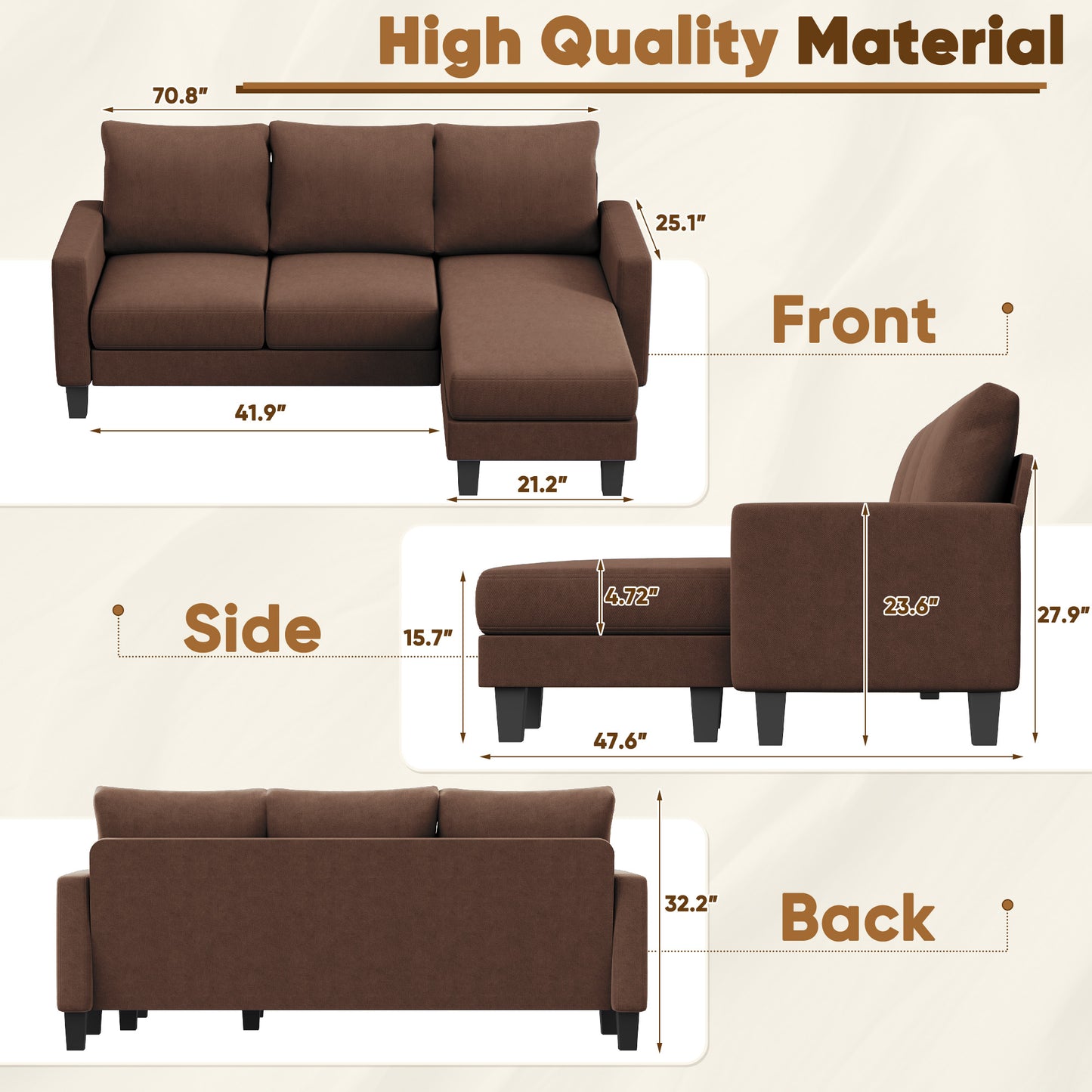 Furmax 70" Convertible Sectional Sofa Couch 3-Seat L-Shaped Small Sofa Couch with Reversible Chaise for Small Living Room, Apartment and Small Space