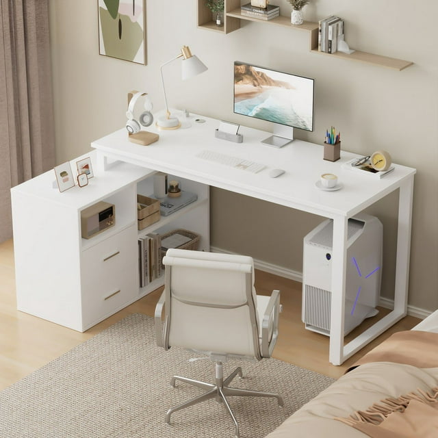 Furmax 55 Inch L-Shaped Corner Computer Desk with File Cabinet, Power Outlet, Home Office Desk with 2 Drawers and 3 Storage Shelve, Workstation Executive Desk with Storage Shelf for Home Office