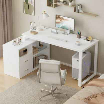Furmax 55 Inch L-Shaped Corner Computer Desk with File Cabinet, Power Outlet, Home Office Desk with 2 Drawers and 3 Storage Shelve, Workstation Executive Desk with Storage Shelf for Home Office