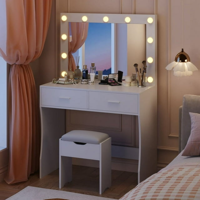 Furmax Makeup Vanity Table Set with Lights and Mirror Vanity Desk with Drawer and Chair