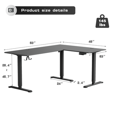 Furmax L-shaped Electric Sit-Stand Desk 63in Wide Electric Stand Up Height Adjustable Lifting Range 28~46in Computer Workstation Standing Desk Height Adjustable