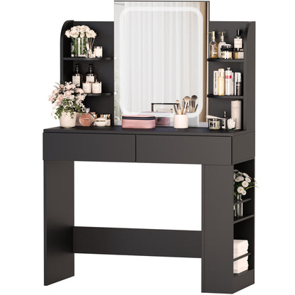 Furmax Makeup Vanity Desk and Bench Set with LED Lighted Mirror Vanity Table with Drawers, Shelves & Side Storage for Bedroom