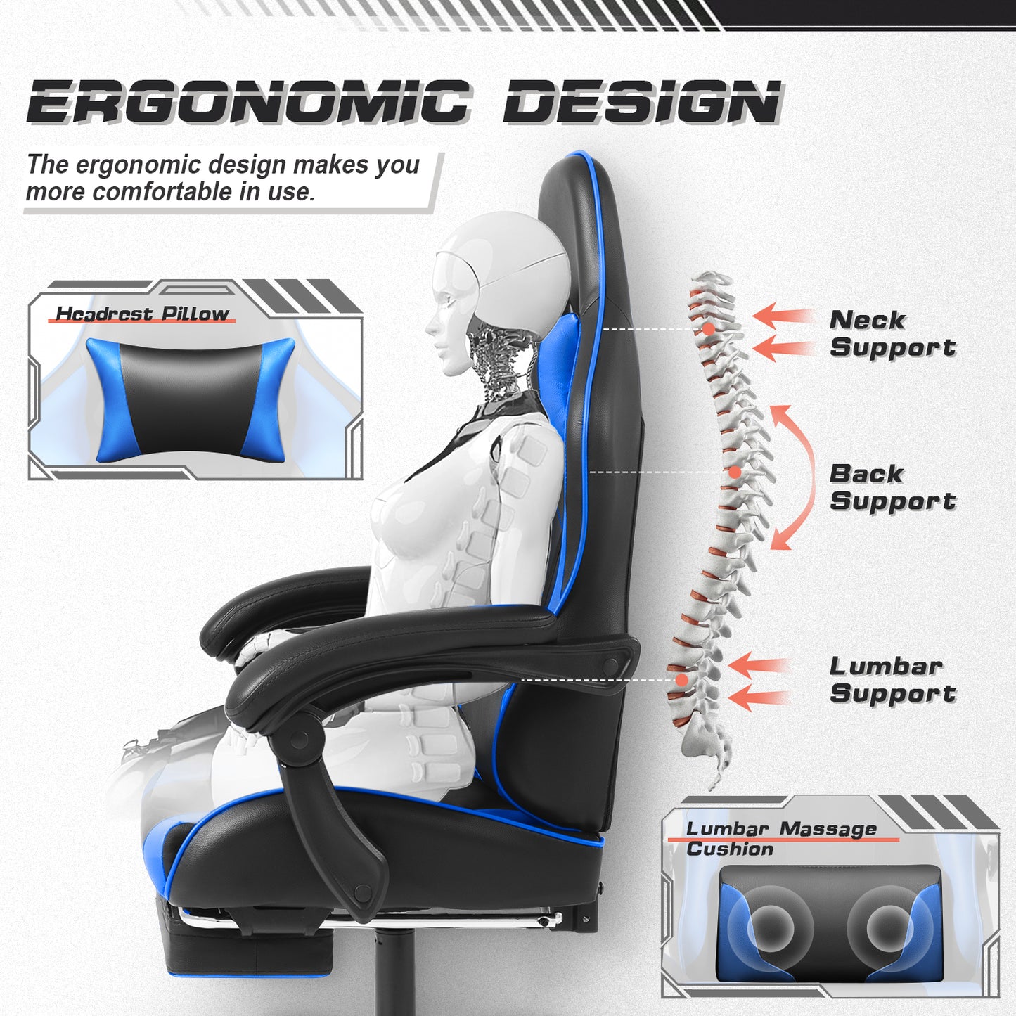 Furmax High Back Massage Gaming Chair with Footrest PU Leather Racing Computer Chair with Lumbar Support Ergonomic Office Chairs, White