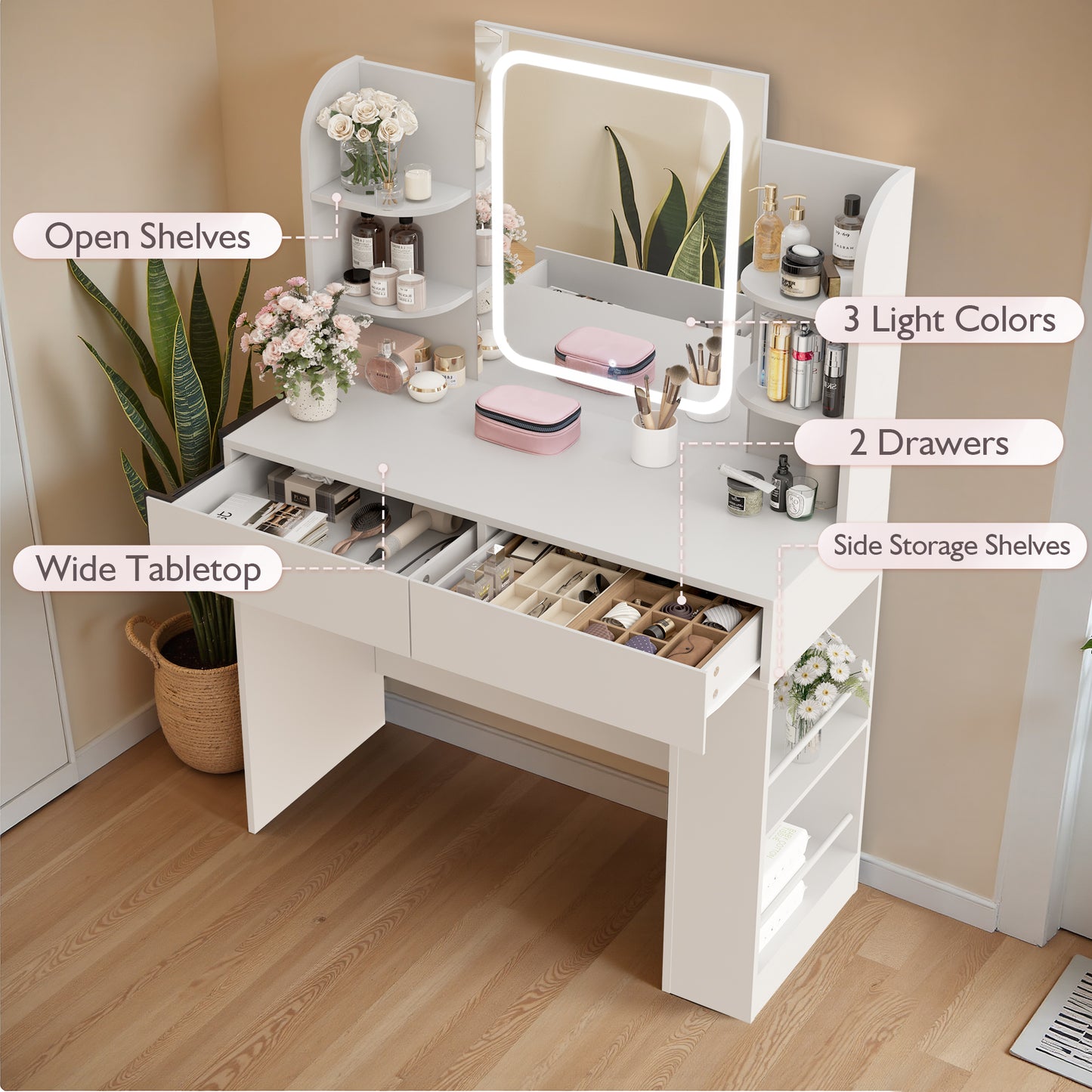 Furmax Makeup Vanity Desk and Bench Set with LED Lighted Mirror Vanity Table with Drawers, Shelves & Side Storage for Bedroom