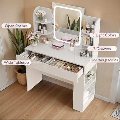 Furmax Makeup Vanity Desk and Bench Set with LED Lighted Mirror Vanity Table with Drawers, Shelves & Side Storage for Bedroom