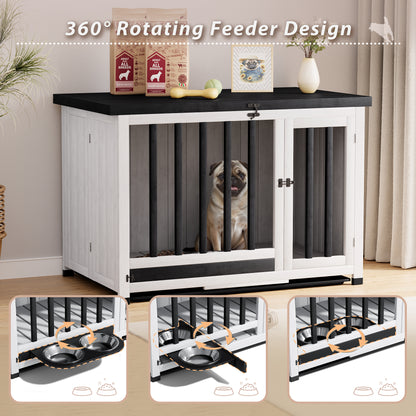 Furmax Solid Wood Indoor Dog Crate Furniture with Bowl Portable Collapsible Doghouse End Table Heavy Duty Dog Cage with Opening Roof