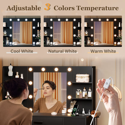 Furmax Makeup Vanity with Mirror and Drawers Vanity Desk Set with 3 Modes Adjustable Brightness Lights and USB Power Outlet