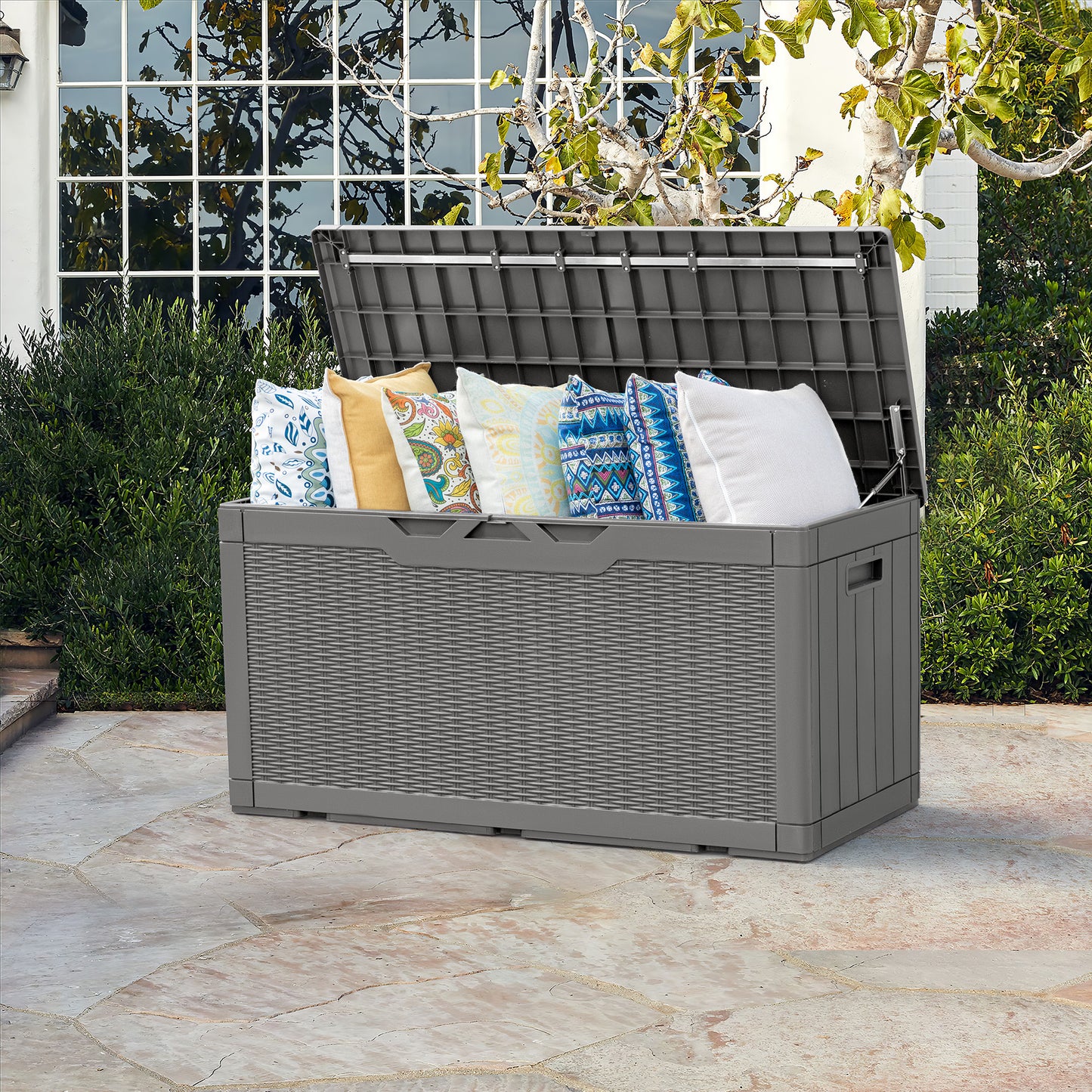 Furmax 100 Gallon Patio Lockable Storage Box, Indoor Outdoor Large Size Resin Deck Container,