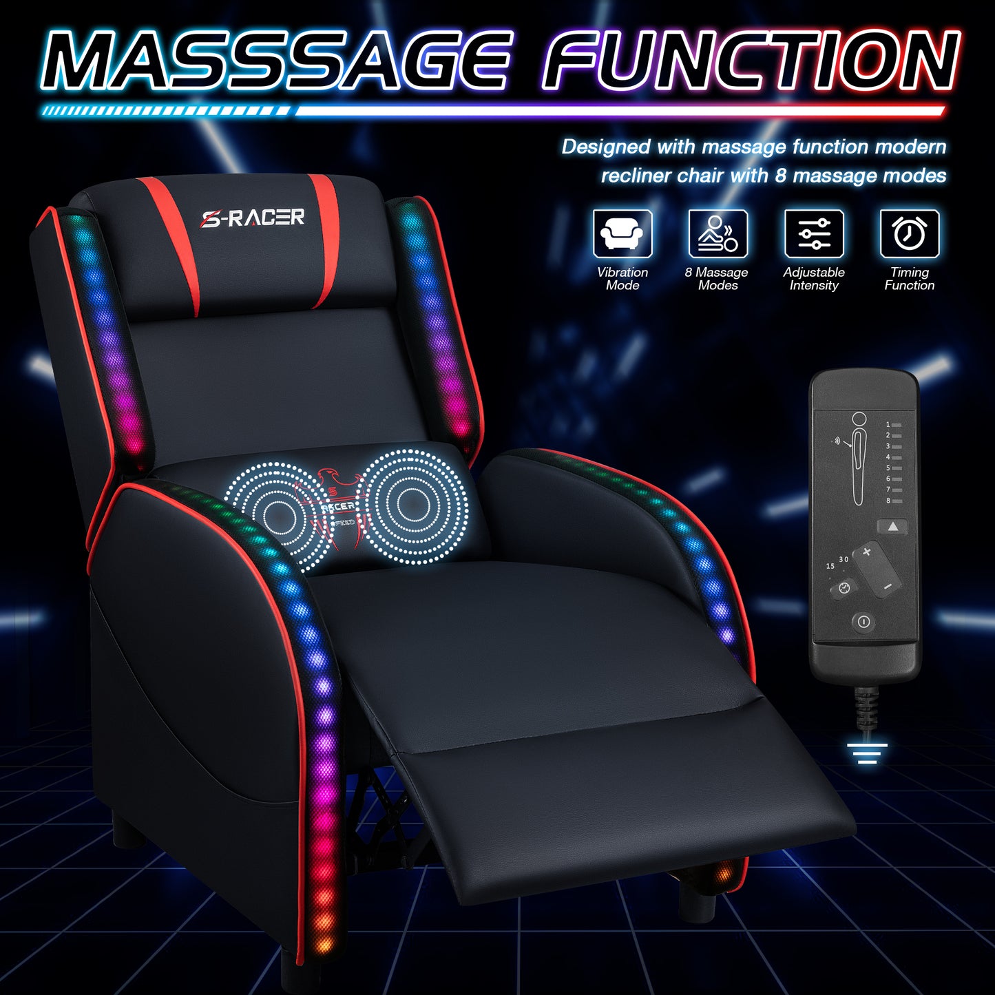 Furmax RGB LED Lights Gaming Massage Recliner Chair Racing Style Single Living Room Sofa Ergonomic Home Theater Seating with Massage Lumbar Support