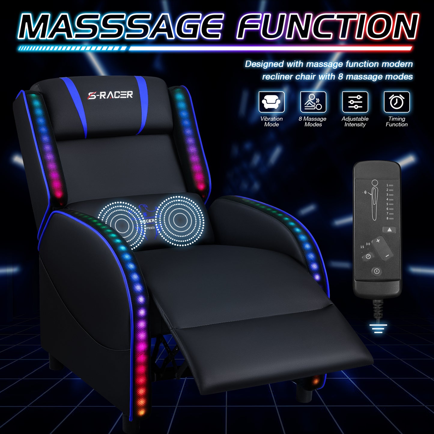 Furmax RGB LED Lights Gaming Massage Recliner Chair Racing Style Single Living Room Sofa Ergonomic Home Theater Seating with Massage Lumbar Support