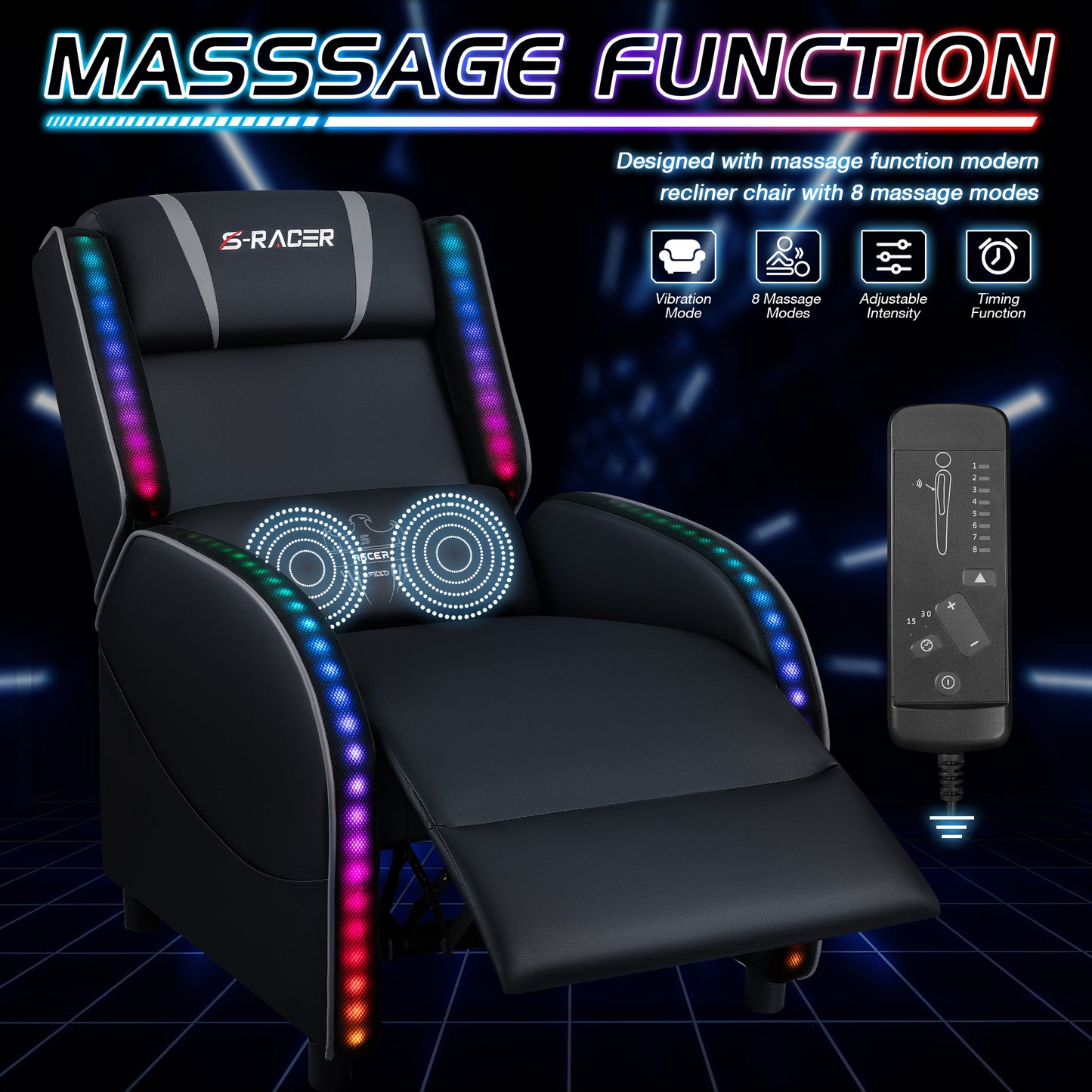 Furmax RGB LED Lights Gaming Massage Recliner Chair Racing Style Single Living Room Sofa Ergonomic Home Theater Seating with Massage Lumbar Support