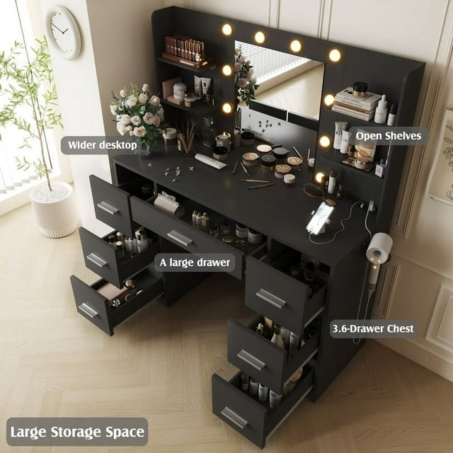 Furmax Makeup Vanity with Mirror and Drawers Vanity Desk Set with 3 Modes Adjustable Brightness Lights and USB Power Outlet