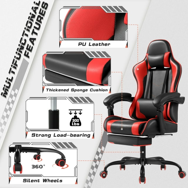 Furmax High Back Massage Gaming Chair with Footrest PU Leather Racing Computer Chair with Lumbar Support Ergonomic Office Chairs, White
