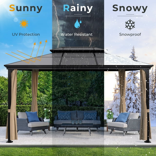 Furmax 10' x 12' Outdoor Hardtop Gazebo Galvanized Steel Metal Double Roof and Aluminum Frame with Canopy, Netting, Curtains Permanent Pergola for Patio Backyard Garden Lawns Parties