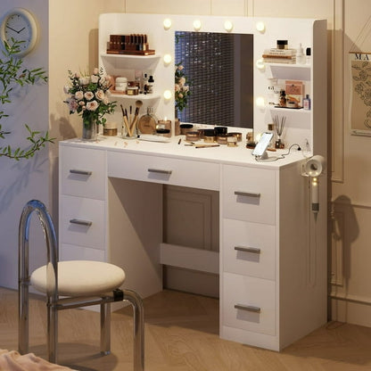 Furmax Makeup Vanity with Mirror and Drawers Vanity Desk Set with 3 Modes Adjustable Brightness Lights and USB Power Outlet