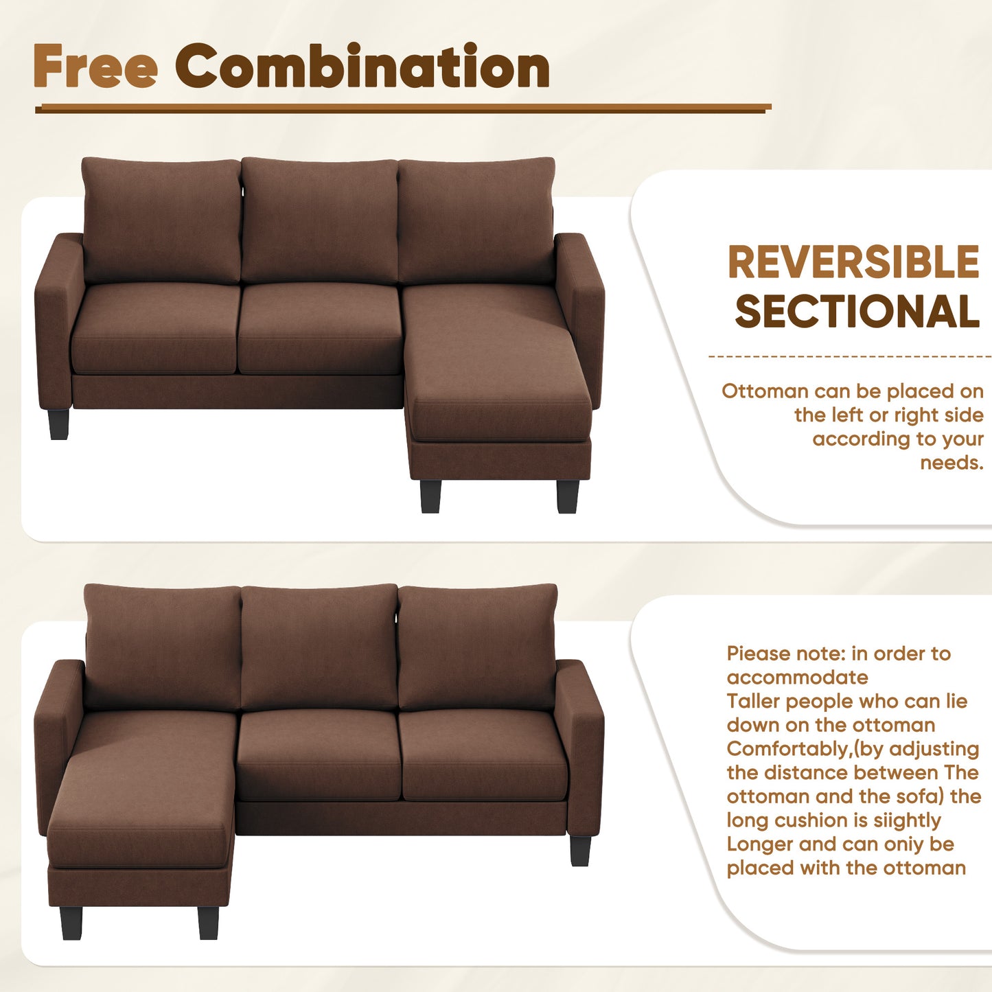 Furmax 70" Convertible Sectional Sofa Couch 3-Seat L-Shaped Small Sofa Couch with Reversible Chaise for Small Living Room, Apartment and Small Space
