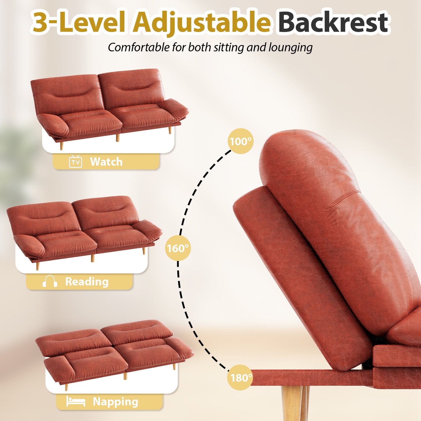 Furmax Futon with Five Angles Adjustable Armrests and Adjustable Backrest Futon Sofa Couch for Small Spaces Living Room Office,Leathaire Brown