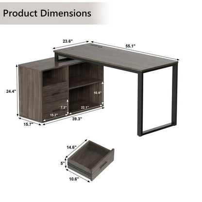 Furmax 55 Inch L-Shaped Corner Computer Desk with File Cabinet, Power Outlet, Home Office Desk with 2 Drawers and 3 Storage Shelve, Workstation Executive Desk with Storage Shelf for Home Office