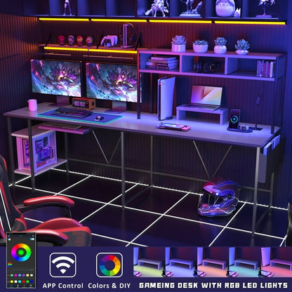 Furmax L-Shape Office Desk Gaming Table with LED Lights Storage Rack Built-in Socket Computer Stand Organizer Pocket Keyboard Drawer