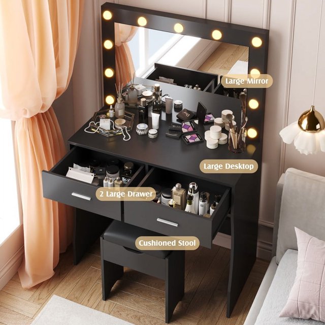 Furmax Makeup Vanity Table Set with Lights and Mirror Vanity Desk with Drawer and Chair