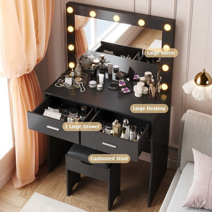 Furmax Makeup Vanity Table Set with Lights and Mirror Vanity Desk with Drawer and Chair