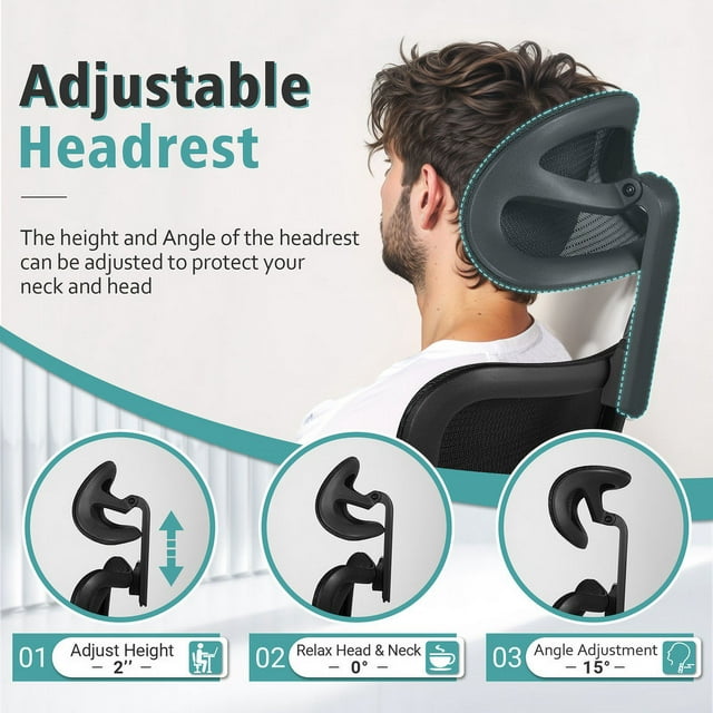 Furmax Ergonomic Mesh Task Chair with Adjustable Headrest, Lumbar Support, and Memory Foam Cushion for Office, Black