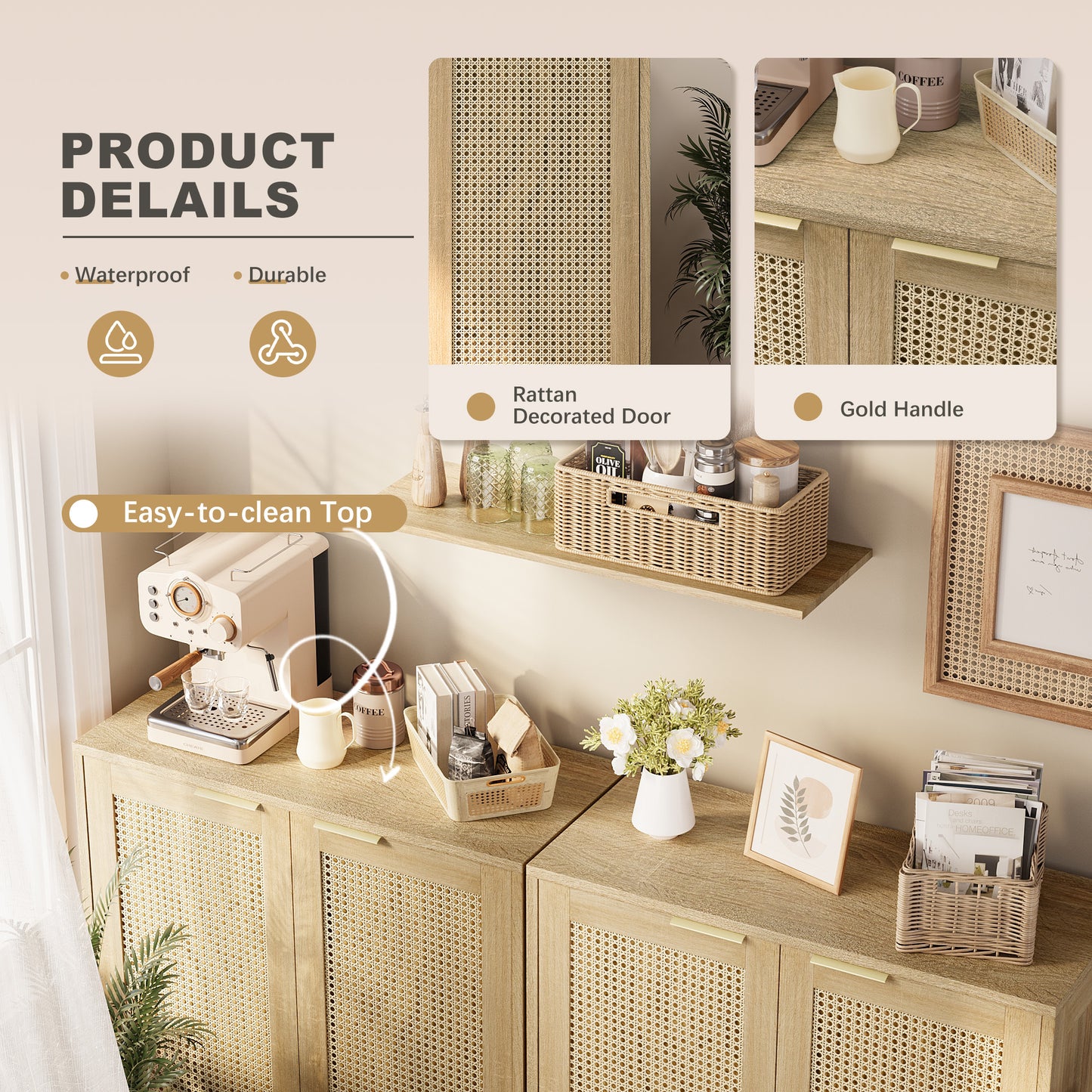 Furmax Rattan Door Buffet Cabinet Sideboard for Kitchen Wood Storage with Adjustable Shelf for Hallway Entry and Living Room