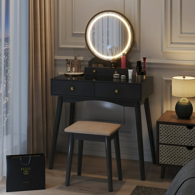 Furmax Vanity Table with Lighted Mirror, Vanity Desk with Stool, Dressing Table with 4 Drawers, Makeup Vanity Set