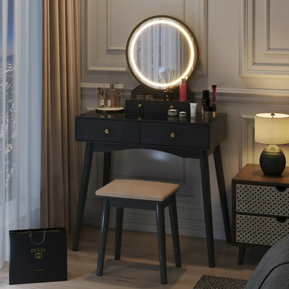 Furmax Vanity Table with Lighted Mirror, Vanity Desk with Stool, Dressing Table with 4 Drawers, Makeup Vanity Set