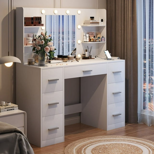 Furmax Makeup Vanity with Mirror and Drawers Vanity Desk Set with 3 Modes Adjustable Brightness Lights and USB Power Outlet