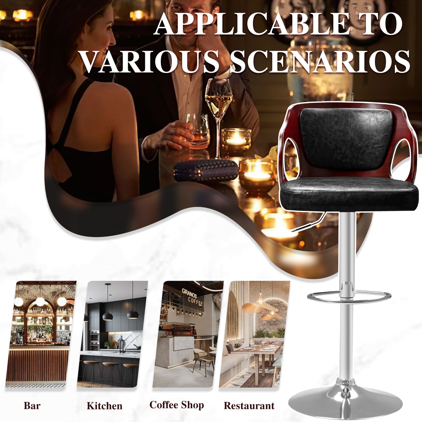 Furmax Bar stools PU Leather Modern Double Material Armless Chairs with Footrest Adjustable Barstool with Back for Kitchen Living Room Pub