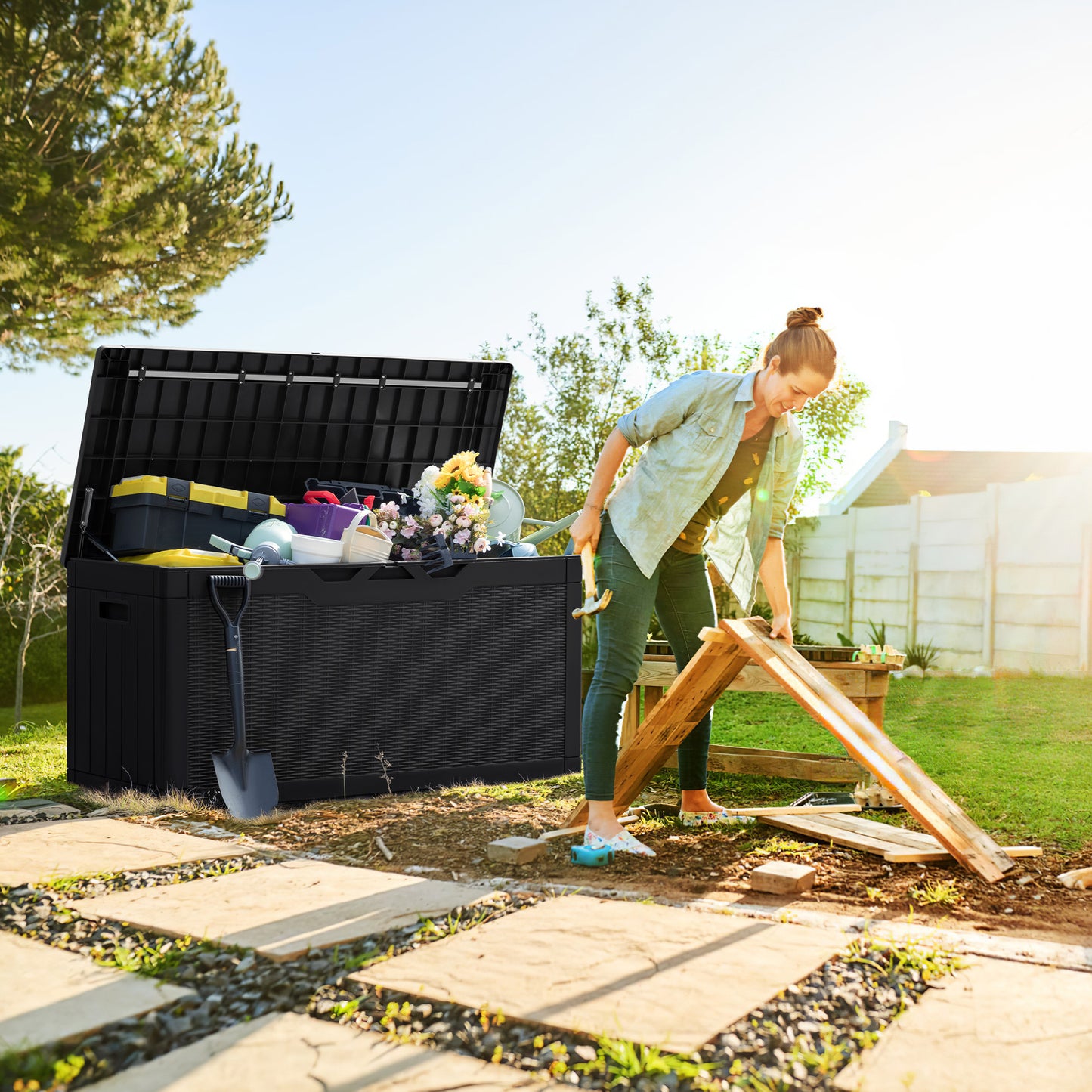 Furmax 100 Gallon Patio Lockable Storage Box, Indoor Outdoor Large Size Resin Deck Container,