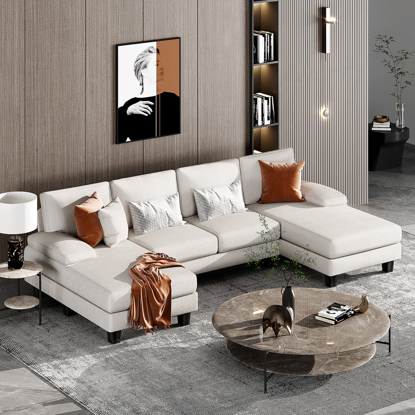 Furmax U-Shaped Sectional Sofa with Chaise, 4 Seats Chenille Fabric Sofa for Living room