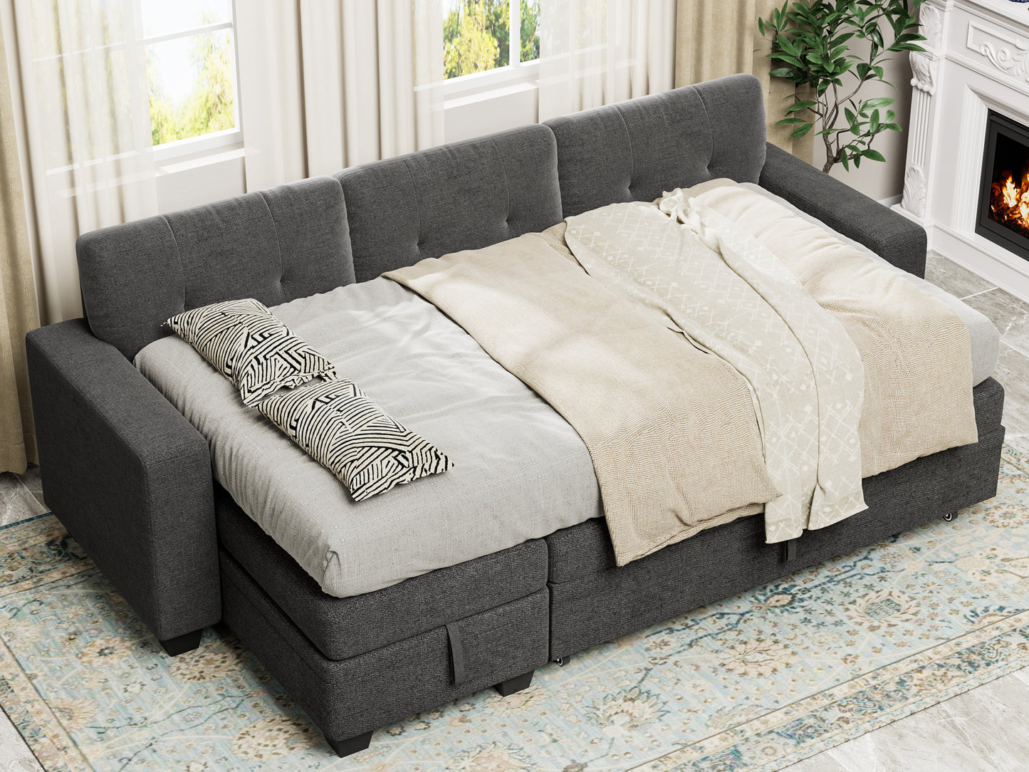 Furmax Convertible L-Shape Sofa with Storage Chaise and Pull-out Sofa Bed, Fabric Sectional Couch , Gray