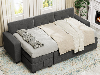 Furmax Convertible L-Shape Sofa with Storage Chaise and Pull-out Sofa Bed, Fabric Sectional Couch , Gray