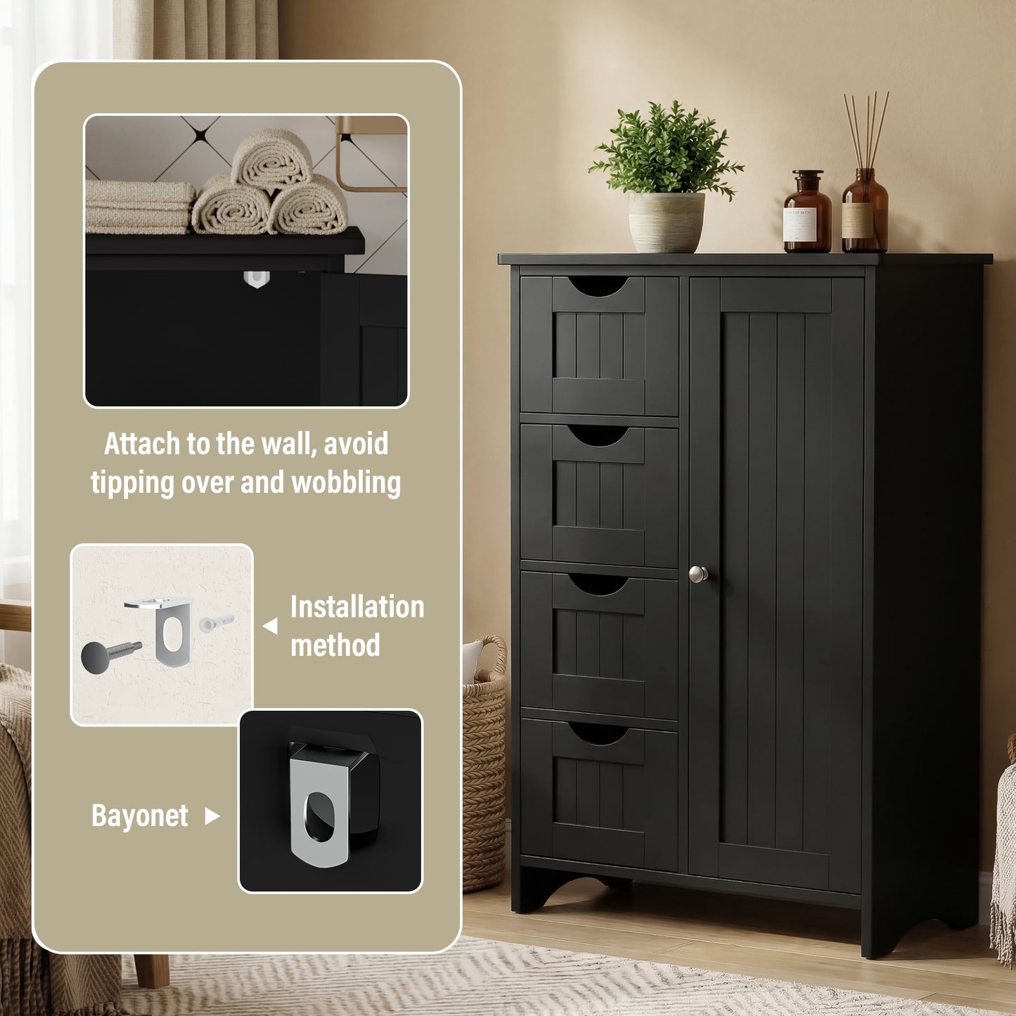 Furmax Wooden Bathroom Floor Cabinet with 4 Drawers, 1 Adjustable Shelf & 1 Cupboard，Side Storage Organizer Storage Cabinet for Bathroom, Entryway