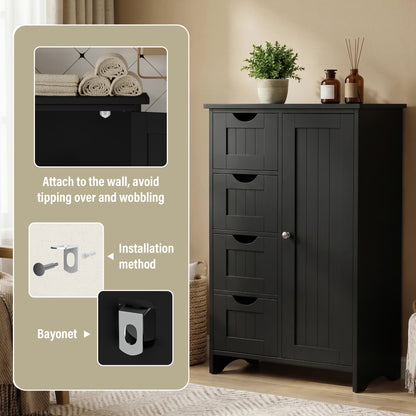 Furmax Wooden Bathroom Floor Cabinet with 4 Drawers, 1 Adjustable Shelf & 1 Cupboard，Side Storage Organizer Storage Cabinet for Bathroom, Entryway