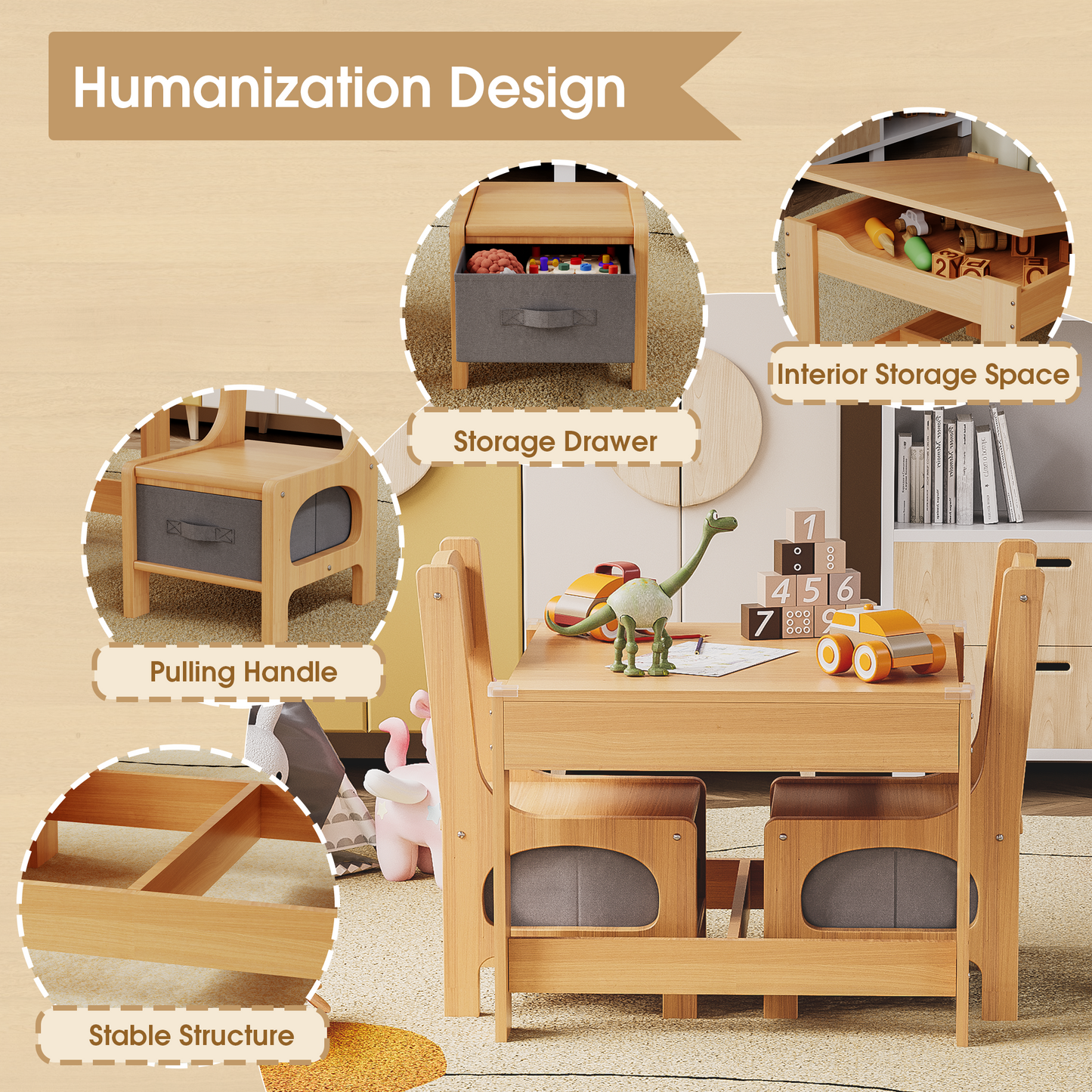 Furmax Children Table and Chair Set, 3 in 1 Wooden Activity Table and Chair Set with 2 in 1 Detachable Tabletop Table Storage Drawer for Home Nursery Playroom