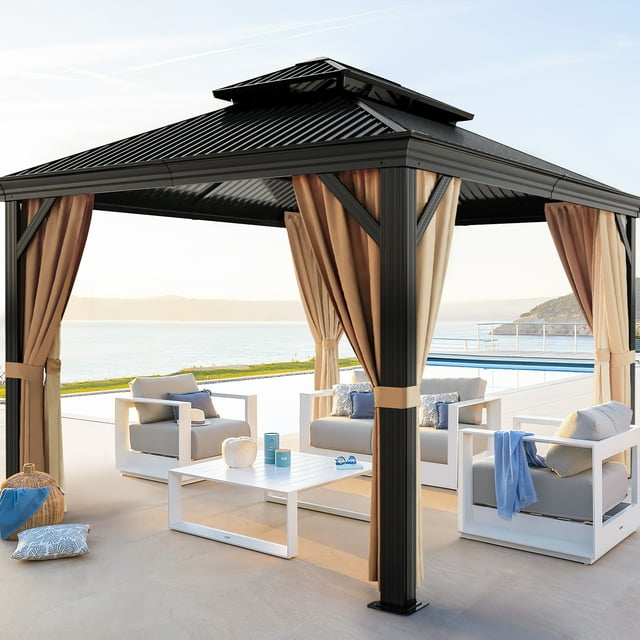 Furmax 10' x 12' Outdoor Hardtop Gazebo Galvanized Steel Metal Double Roof and Aluminum Frame with Canopy, Netting, Curtains Permanent Pergola for Patio Backyard Garden Lawns Parties