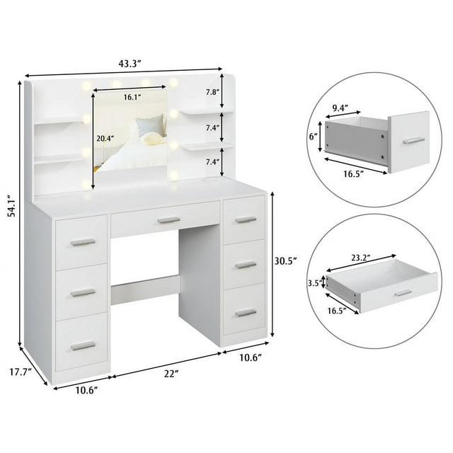 Furmax Makeup Vanity with Mirror and Drawers Vanity Desk Set with 3 Modes Adjustable Brightness Lights and USB Power Outlet