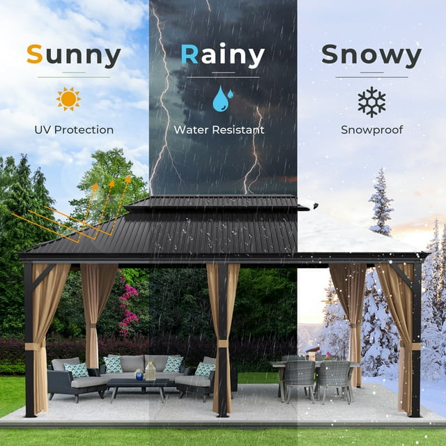 Furmax 10' x 12' Outdoor Hardtop Gazebo Galvanized Steel Metal Double Roof and Aluminum Frame with Canopy, Netting, Curtains Permanent Pergola for Patio Backyard Garden Lawns Parties