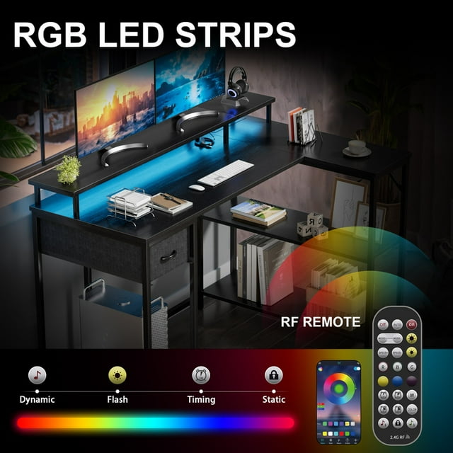 Furmax L-Shape Office Desk Gaming Table with LED Lights Built-in Socket Computer Stand Cloth Drawer 2 Types of Assembly