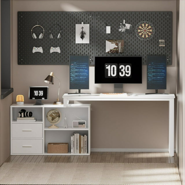 Furmax 55 Inch L-Shaped Corner Computer Desk with File Cabinet, Power Outlet, Home Office Desk with 2 Drawers and 3 Storage Shelve, Workstation Executive Desk with Storage Shelf for Home Office