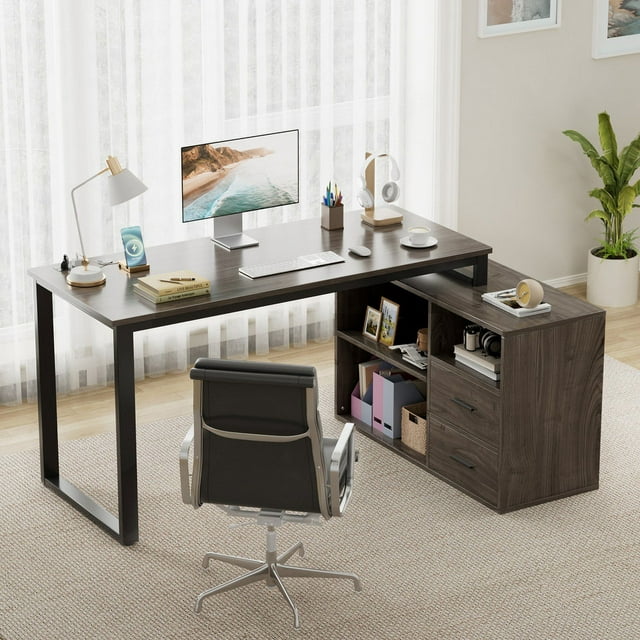 Furmax 55 Inch L-Shaped Corner Computer Desk with File Cabinet, Power Outlet, Home Office Desk with 2 Drawers and 3 Storage Shelve, Workstation Executive Desk with Storage Shelf for Home Office