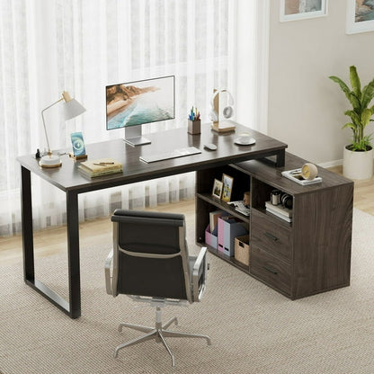 Furmax 55 Inch L-Shaped Corner Computer Desk with File Cabinet, Power Outlet, Home Office Desk with 2 Drawers and 3 Storage Shelve, Workstation Executive Desk with Storage Shelf for Home Office
