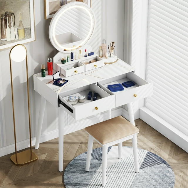 Furmax Vanity Table with Lighted Mirror, Vanity Desk with Stool, Dressing Table with 4 Drawers, Makeup Vanity Set