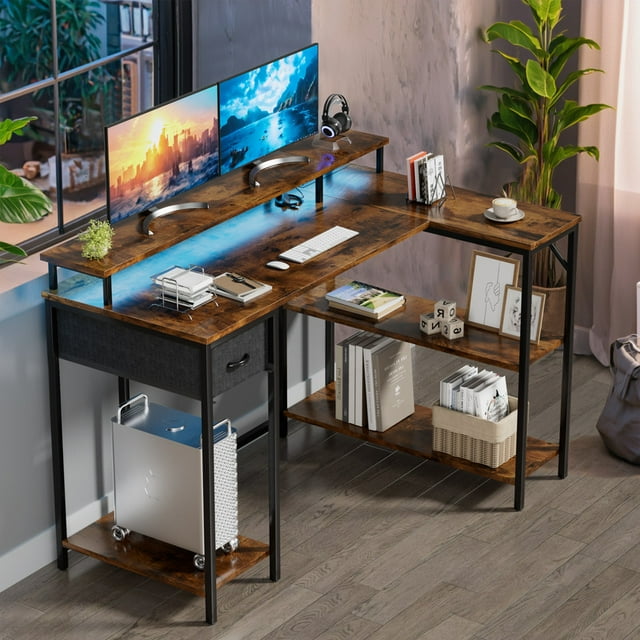 Furmax L-Shape Office Desk Gaming Table with LED Lights Built-in Socket Computer Stand Cloth Drawer 2 Types of Assembly
