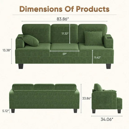 Furmax 84''W 3 Seat Sofa Couch Wide Armrest Modern Fabric Sofa with USB Charging Ports Corduroy Couch for Living Room,Green