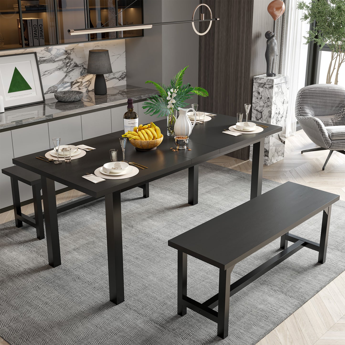Furmax Expandable Dining Table Set for 4 with 2 Benches High Quality Metal Frame & Wood Board Kitchen Living Room Small Space Modern Kitchen Table